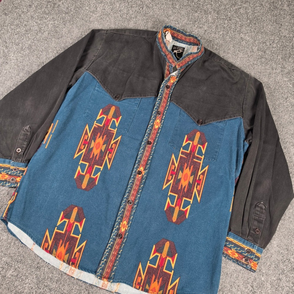 Vintage Roper Western Shirt Mens L Blue Aztec Southwestern Banded Collar 90s
